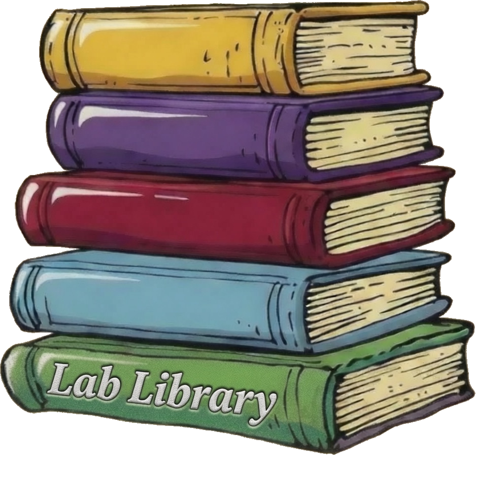 Lab Library logo: a hand-illustrated stack of five books with gold, purple, maroon, light blue, and green spines